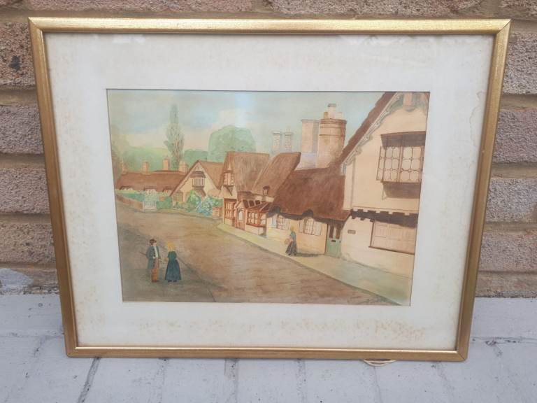 Beautiful Victorian British Watercolour Rural Landscape Painting by J. James Street and Houses
