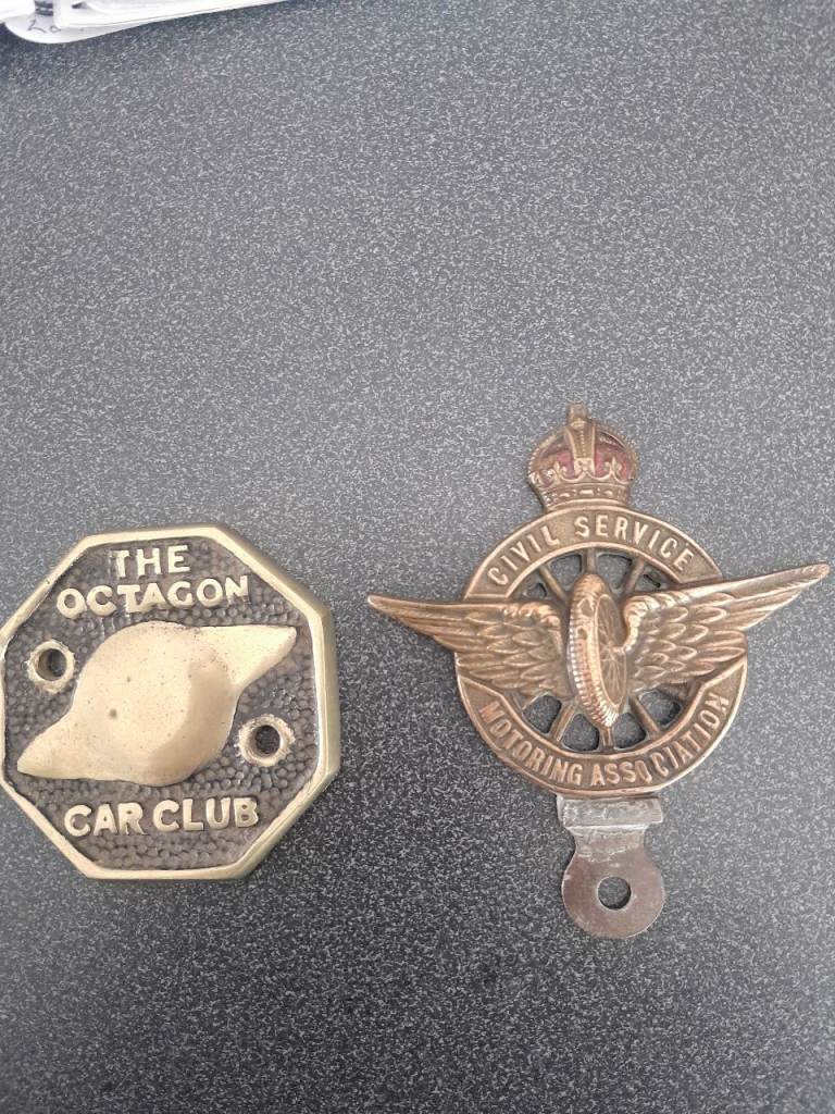 2 Vintage Car Club Grill Badges. Civil Service Motoring Association and The Octagon MG Car Club.