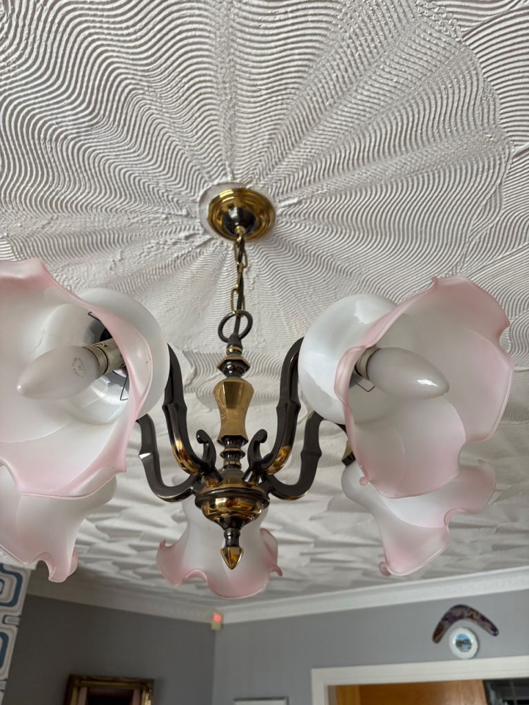 Vintage Chandelier with Pink and White Glass Shades, Good Condition