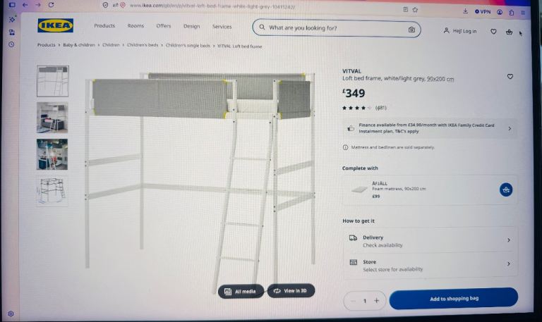IKEA SMÅSTAD Loft Bed Frame - White/Light Grey