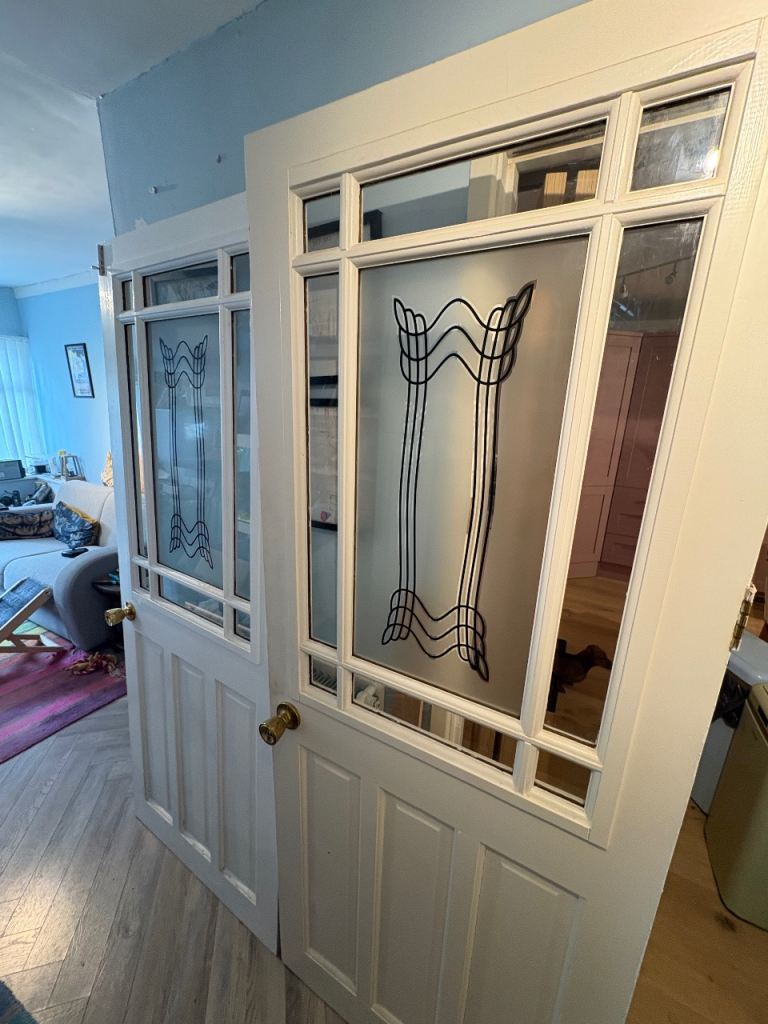 Pair of Internal White Doors with Frosted Glass Panels