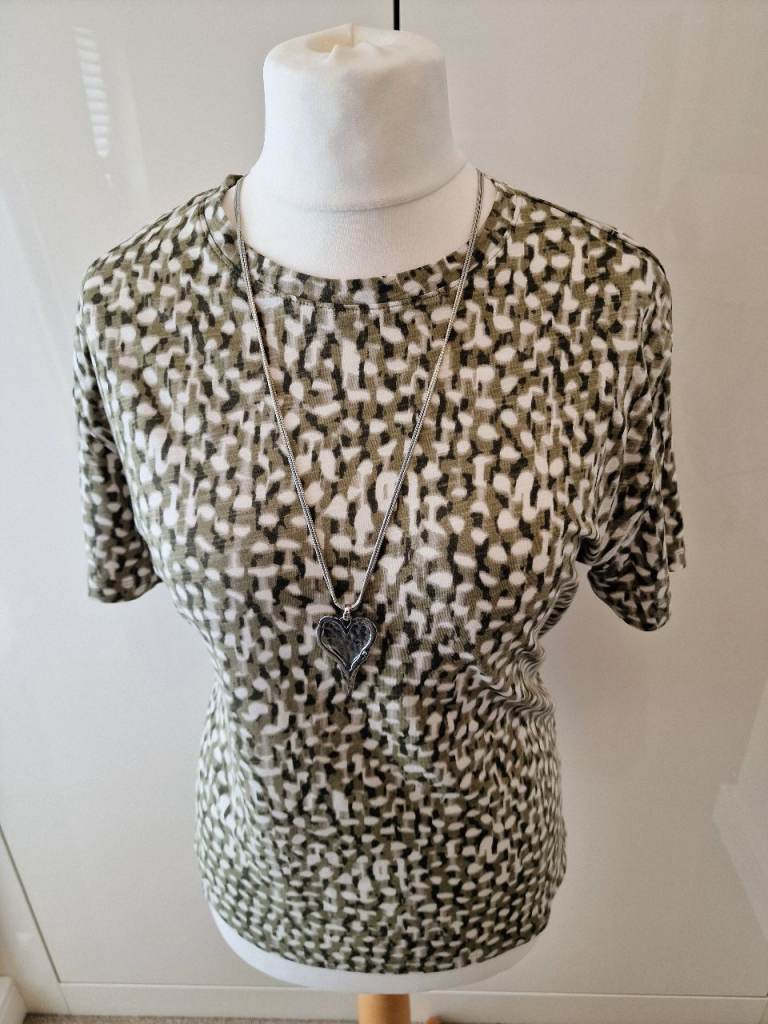 M&S Khaki Animal Print Boxy T-Shirt Size 12 Cotton Modal Summer Tee