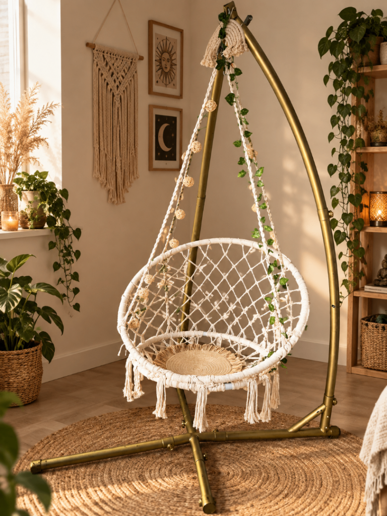 Lovely White Macrame Hanging Chair with Stand