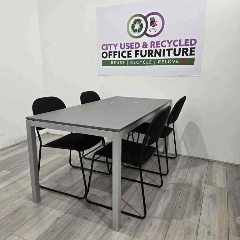 SET – Conference Table, Grey / Silver, W1600mm w/ 4 x Conference Chairs, Black Fabric / Metal