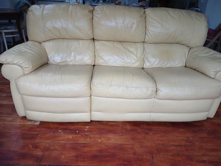 Cream Leather 3-Seater Sofa - Used Condition