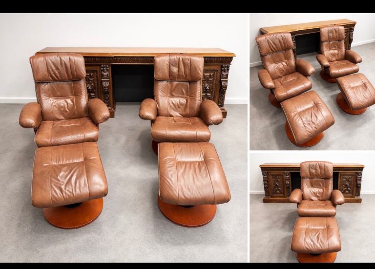 Pair of Leather Recliner Chairs from land of leather  with Footstools – Swivel Base