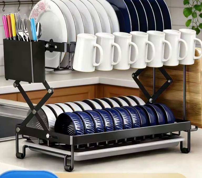 2 Tier Dish Drying Rack with Utensil Holder and 360° Rotating Drainage Tube