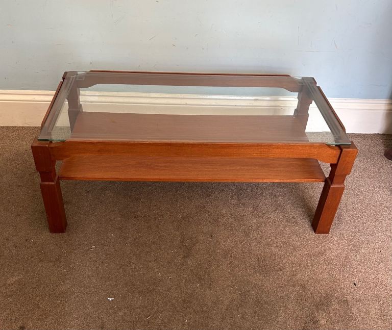 Vintage 1960’s Teak Coffee Table with Glass Top and Shelf  H14in/36cm L35in/89cm D18in/46cm   J312