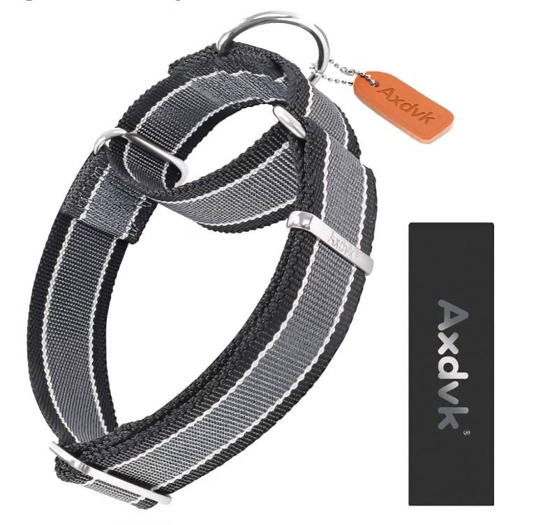 Axdvk Nylon Martingale Dog Collar 1600D Heavy Duty available in Sizes Medium and XL - Grey/Black.
