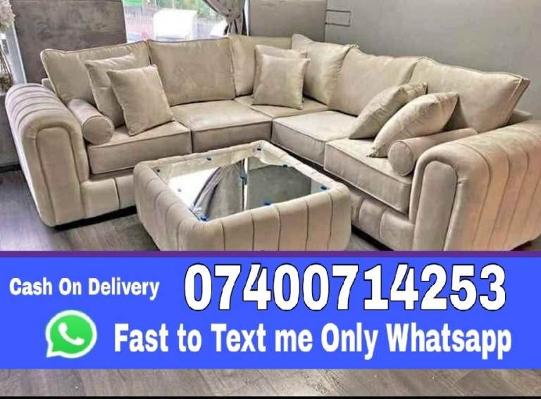 Corner Sofa with Footstool – Beige Fabric, As Good As New