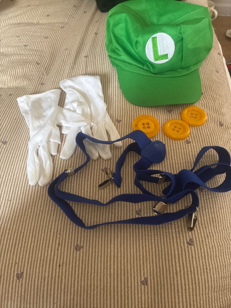 Luigi Fancy Dress Costume Accessories - Hat, Gloves, Braces, Buttons