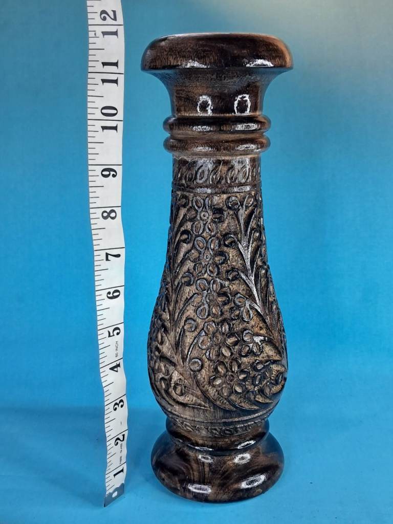 Handmade Wooden Antique Hand Carved Flower Vase for Living Room Decoration.
