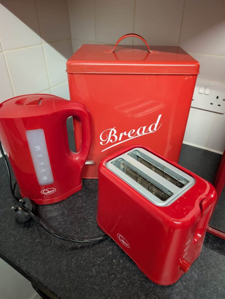 Red Kettle, Toaster, and Bread Bin Set 