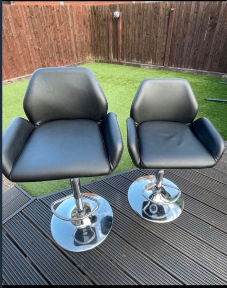 Two Black Faux Leather Bar Stools – Swivel, Height Adjustable