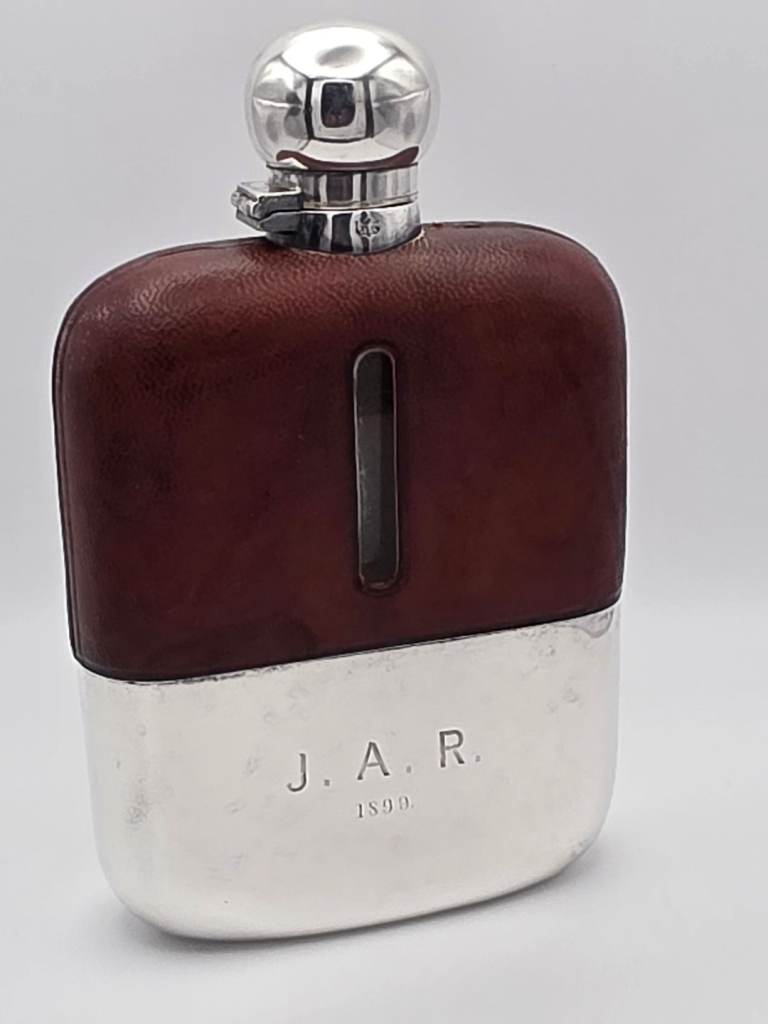 Antique James Dixon & Sons - Silver Plated Leather Bound Hip Flask