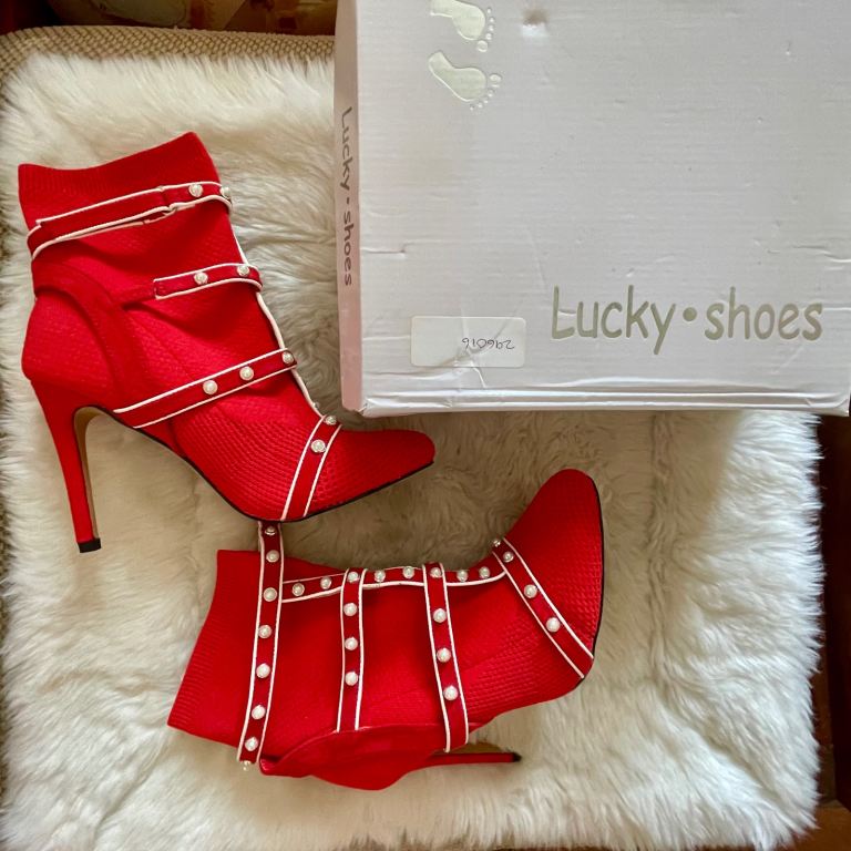  Red Faux Pearl Rockstud Bootie Ladies Stiletto High Heels Fabric Boots Women Size EU 38 UK 5 BNIB