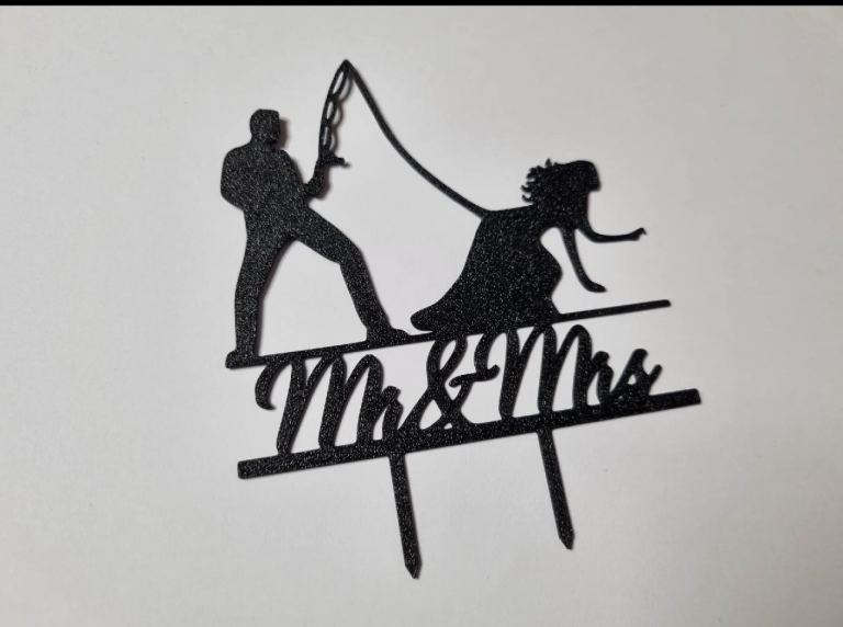 Brand New Black Glitter Wedding Cake Topper - Groom Fishing Bride