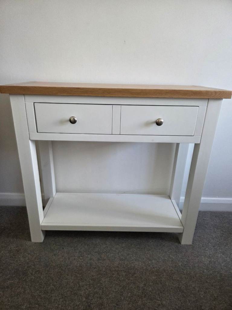 White Console Table with Oak Top and Two Drawers – Good Condition