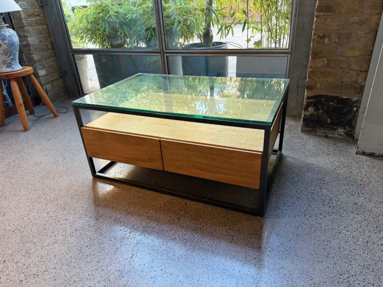 Modern Glass Top Coffee Table with Wooden Drawers