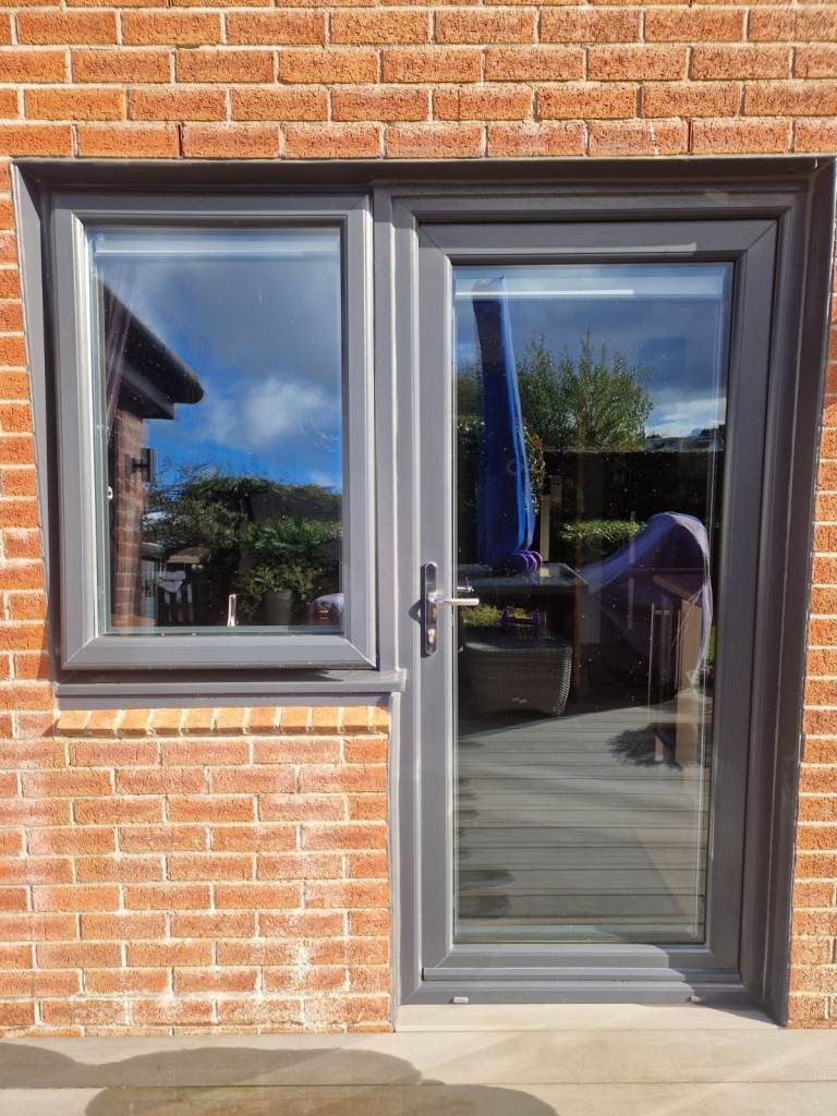 Grey UPVC Window and Door Set - As Good As New - Fitted with silver 'Perfect Fit' blinds
