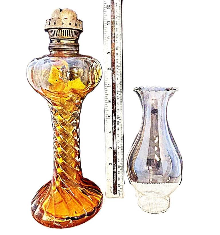 Amber Glass Barley Twist Stem 1930's Paraffin Antique Oil Lamp