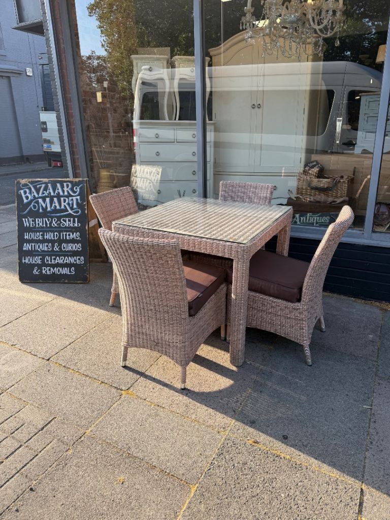 Beige Rattan Garden Table & Four Chairs With Cushions 