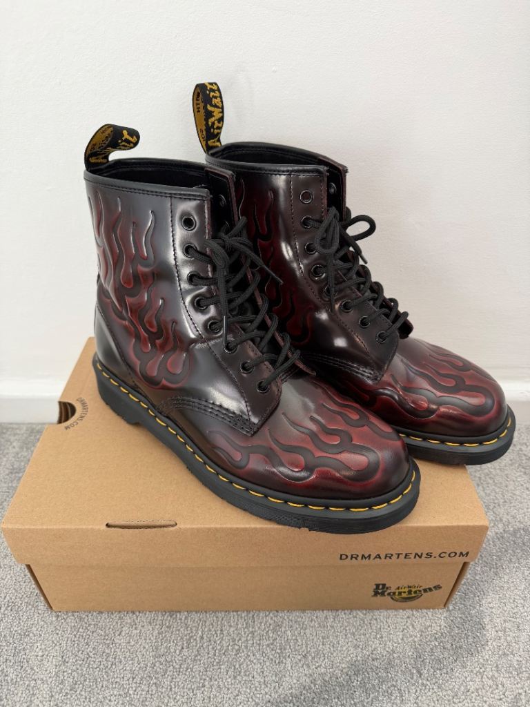 Dr Martens 1460 Flame Embossed Boots - Cherry Red Arcadia Leather