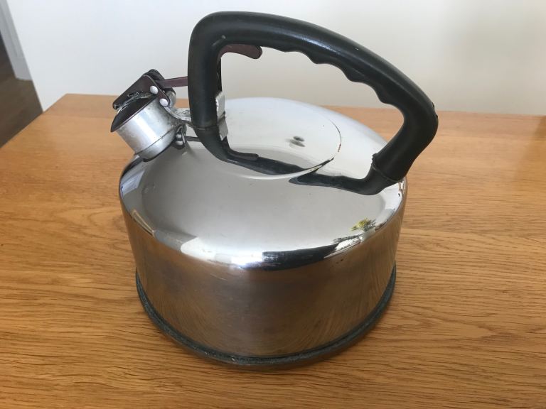 Vintage prestige stainless steel chrome copper bottom kettle .ideal for home use caravan camping etc