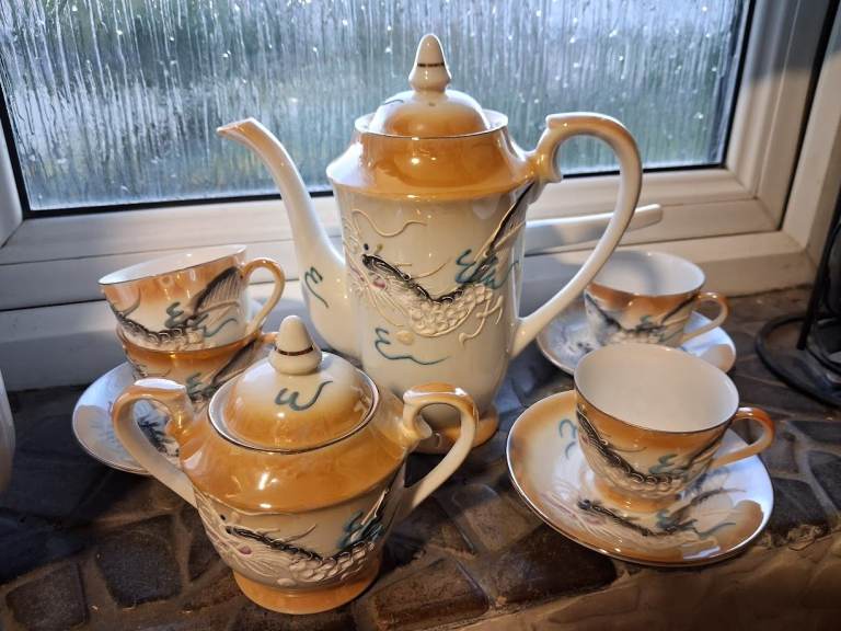 Japanese Porcelain Coffee Set With Raised Dragon Design & Geish image.