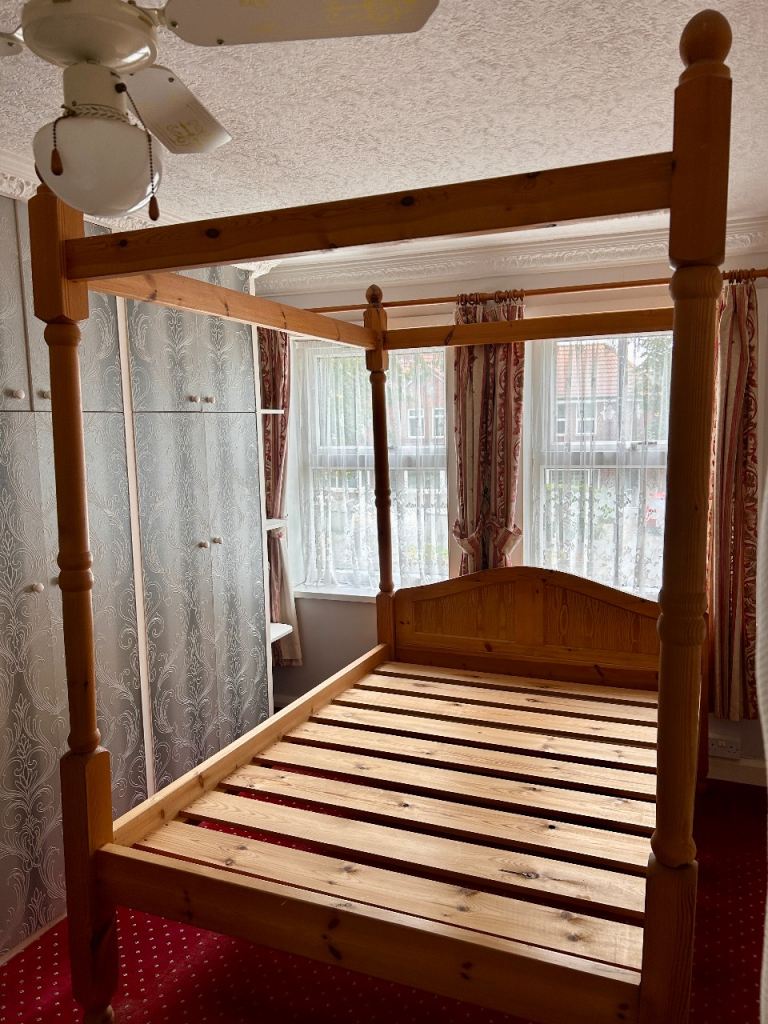 Pine Wood Four Poster Double Bed Frame – Good Condition