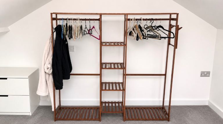 Large Wooden Clothes Rail with Shelves – Good Condition