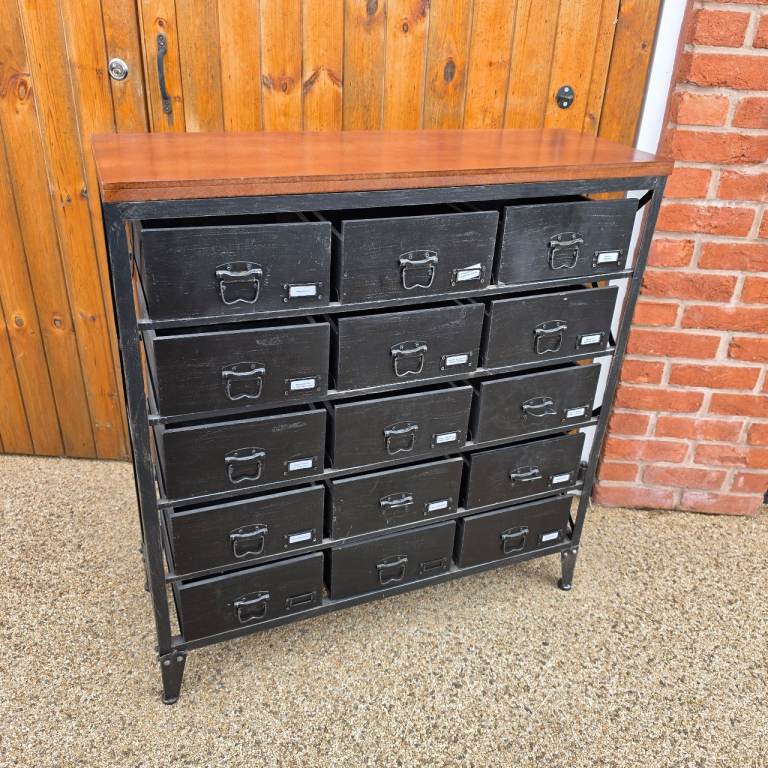 Industrial vintage style drawer unit (99cm H,  92cm W, 33cm D)
