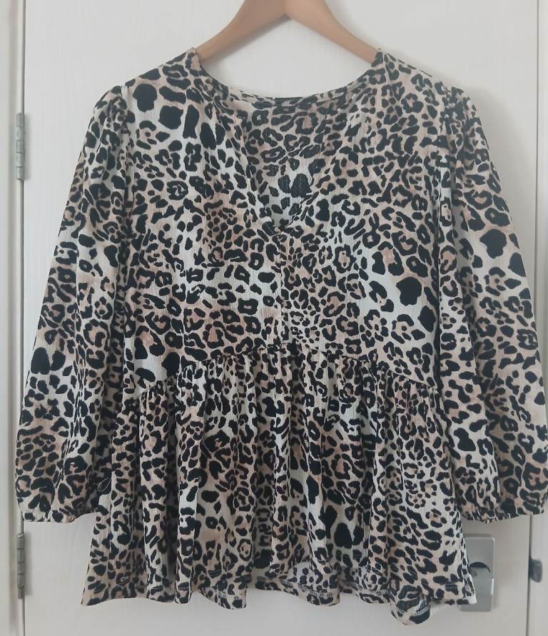 Leopard Print Peplum Blouse – Size 14/16