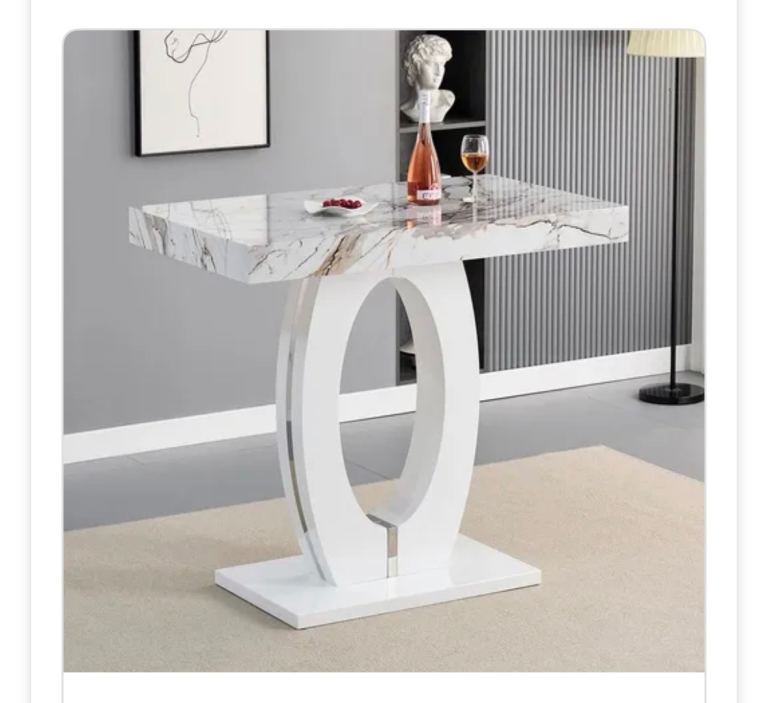  New Halo Bar Table – Milo Marble Effect Top, White Base
