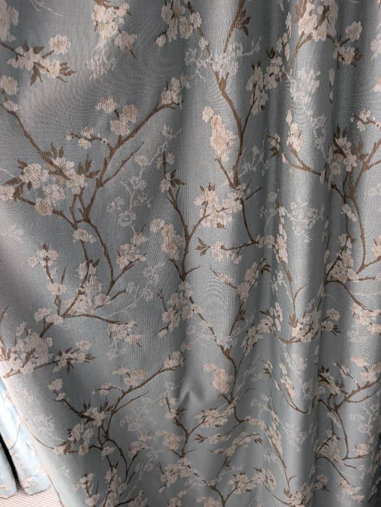 Custom-made thermal blackout-lined curtains - Blossom Weave Duck Egg - rail size 200cm, drop 250cm
