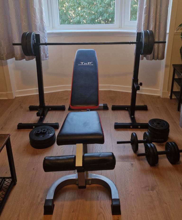 TNP Accessories Adjustable Weight Bench + Squat Rack, Barbell & Dumbbells, Full Home Gym Set
