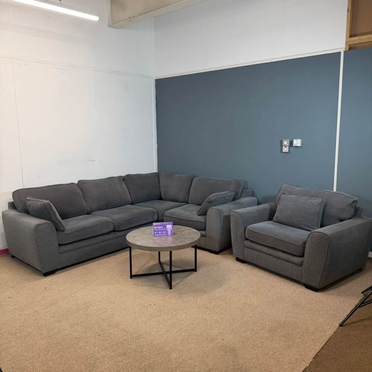 🛋️ Large Grey Fabric Corner Sofa & Armchair - FREE DELIVERY 🚚
