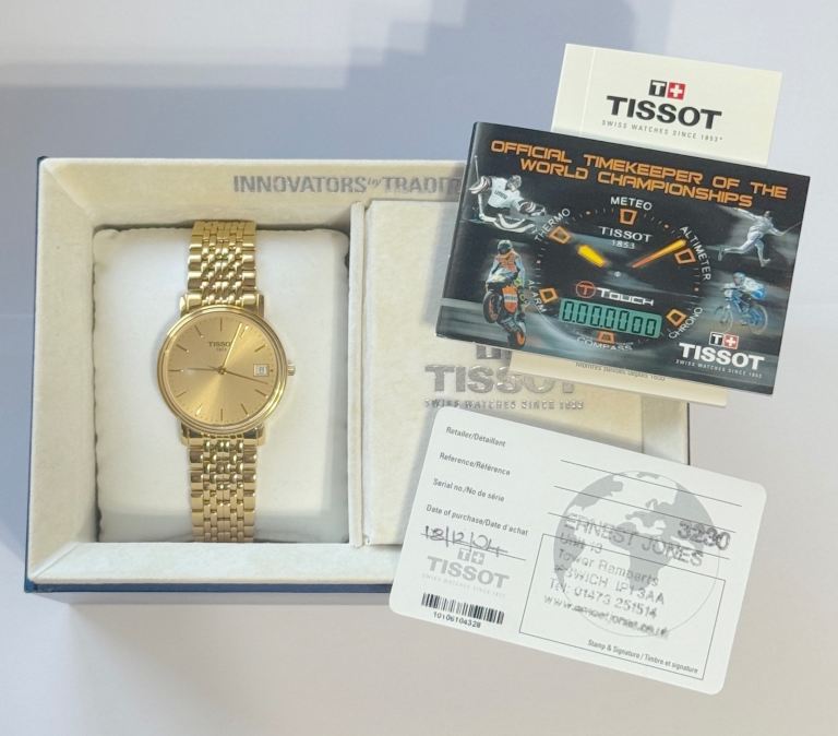 Unused Tissot gold-plated 34mm unisex Swiss watch, new battery/full set; T870/970