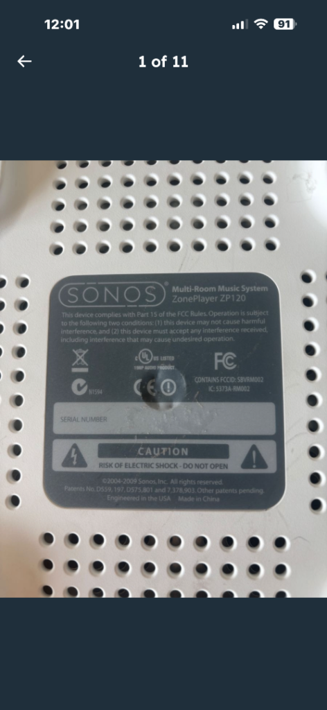 Sonos ZP120 Zone Player Wireless AMP Multi Room Music System Amplifier in White