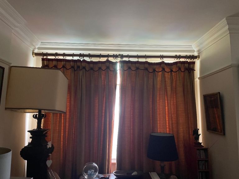 Red & Gold Curtains, 2 pairs of different sizes with rail and fittings included 