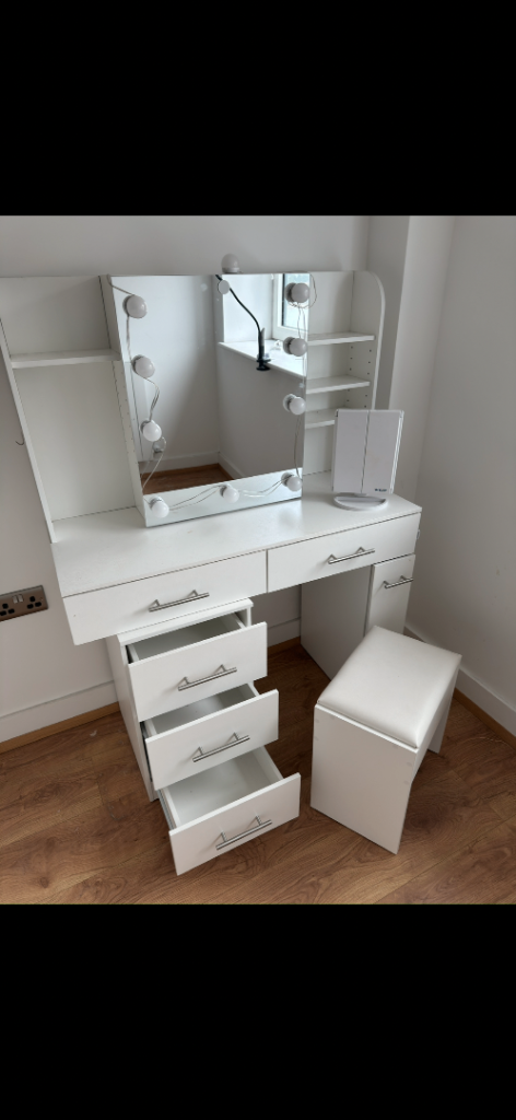 Vanity Table with Sliding Mirror & 3-Mode LED Lights, Dressing Table with 5 Drawer Stool, White