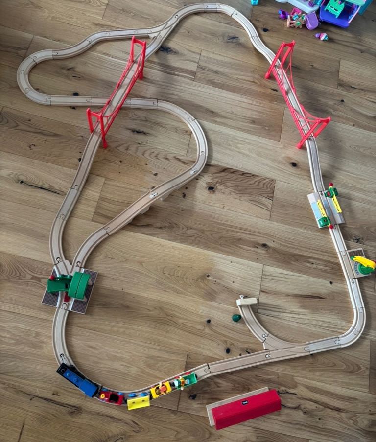 Large Wooden Toy Train Set with Tracks and Bridges
