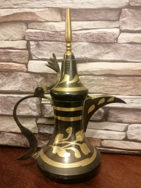 Small Ornate Brass and Black Decorated Arabic Coffee Pot