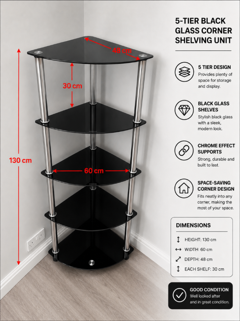 Black Glass 5-Tier Corner Shelving Unit