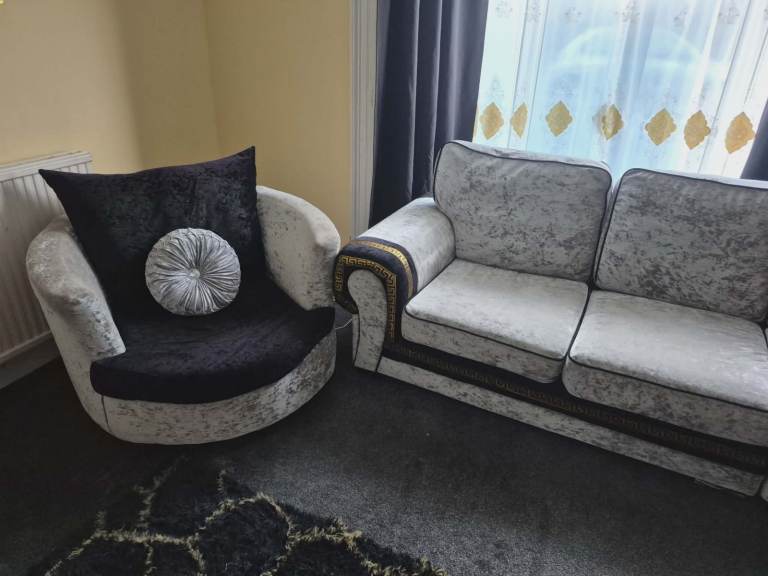 Velvet Sofa and Matching Chairs – Silver, Good Condition