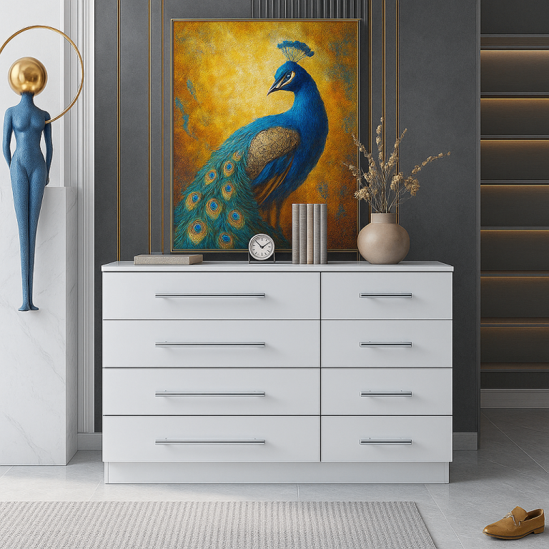 White 8 Drawer Chest of Drawers with Premium Handles and High Gloss fronts