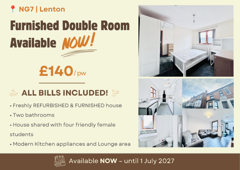 FULLY Furnished Double Room in a lovely All-Female Student House, NG7 Lenton - ALL Bills Included!