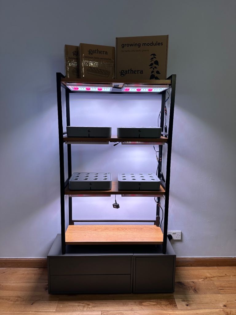 Gathera Sun Shelf 2 - Indoor hydroponic growing shelfs, full spectrum LED lights and growing basins