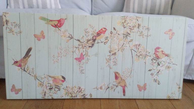 Birds and Butterflies Wall Art Canvas – Pale Blue Wood Effect 
