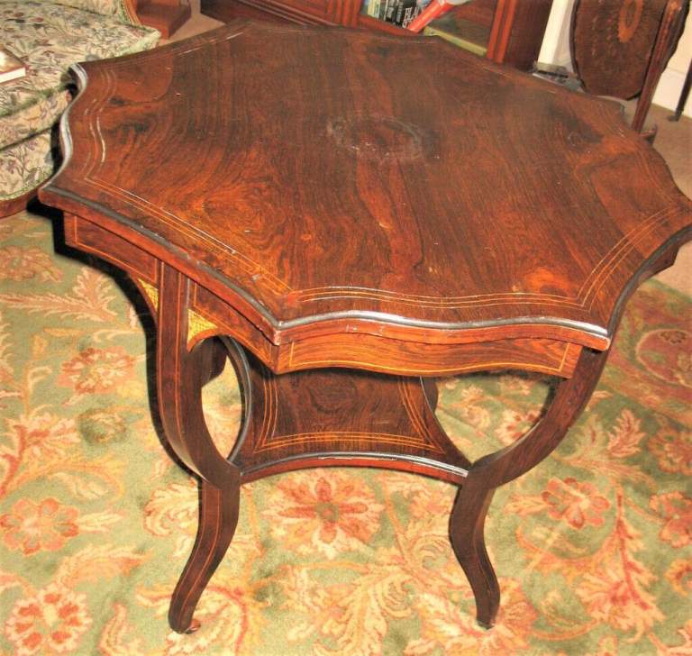 Rosewood inlaid octagonal scalloped table with ivorine side inlays and small under-tier, antique